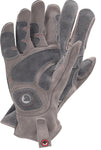 a pair gray leather gloves with a focus on the reinforcing patches on the palm and the embedded cushion on the heel of the palm 