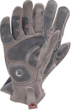 a pair gray leather gloves with a focus on the reinforcing patches on the palm and the embedded cushion on the heel of the palm
