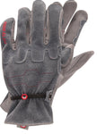 a pair gray leather gloves with a focus on the back of the hand, including the ball and tape wrist enclosure