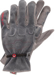 a pair gray leather gloves with a focus on the back of the hand, including the ball and tape wrist enclosure