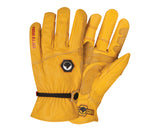 a pair of deerskin leather gloves with a focus on the back of the hand, including the ball and tape wrist closure