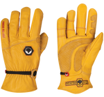 two yellow/tan deerskin leather work gloves side by side