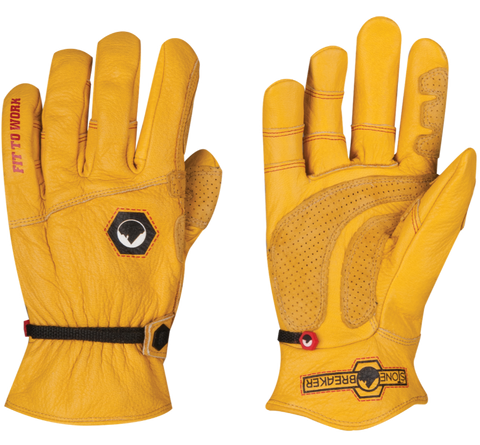 two yellow/tan deerskin leather work gloves side by side