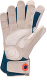 a pair of work gloves focused on the white split leather palm with reinforcing patches and wide hook and loop wrist enclosure 