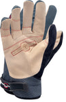 the white synthetic leather palm of a work glove with a hook and loop wrist strap