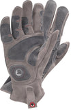 a pair gray leather gloves with a focus on the reinforcing patches on the palm and the embedded cushion on the heel of the palm 