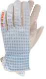 a pair of women's gardening gloves with a focus on the light blue fabric back