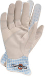 a pair of women's gardening gloves a focus on the white goatskin palms