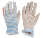 a pair of women's gardening gloves with white goatskin palms and light blue breathable fabric back