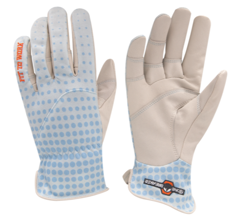 a pair of women's gardening gloves with white goatskin palms and light blue breathable fabric back