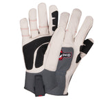 a pair of white leather gloves focusing on the black reinforcing patches on the palm, thumb and pointer finger