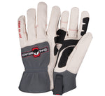 a pair of white and gray leather work gloves with a focus on the all leather fingers and gray mesh back of the hand