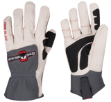 a pair of white grain leather gloves with gray mesh breathable backs side to side