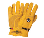 a pair of deerskin leather gloves with a focus on the reinforcing patches on the palm
