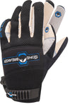 a pair of synthetic leather gloves focusing on the breathable mesh back with knuckle padding and a hook and loop wrist closure 