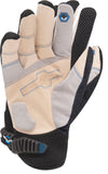 a pair of work gloves focused on the white, synthetic leather palm with embedded padding on the heel