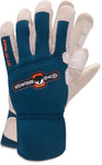 a pair of blue and white work gloves focusing on the breathable mesh black