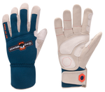a pair of blue and white leather yard work gloves with orange highlights