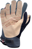 the white synthetic leather palm of a work glove with a hook and loop wrist strap