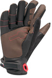 a pair of brown and black automotive gloves focusing on the palm with reinforcing patches and the hook and loop wrist closure