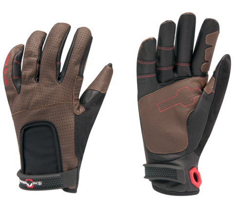 a pair of brown and black driving / automotive gloves side by side