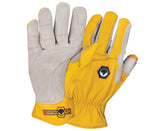 a pair of classic leather work gloves focused on the split cowskin with reinforced palm patches