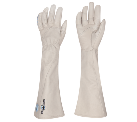 a pair of white elbow-length grain goatskin leather gloves