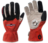 a pair of red and black leather tailgating gloves featuring a bottle opener in the right palm