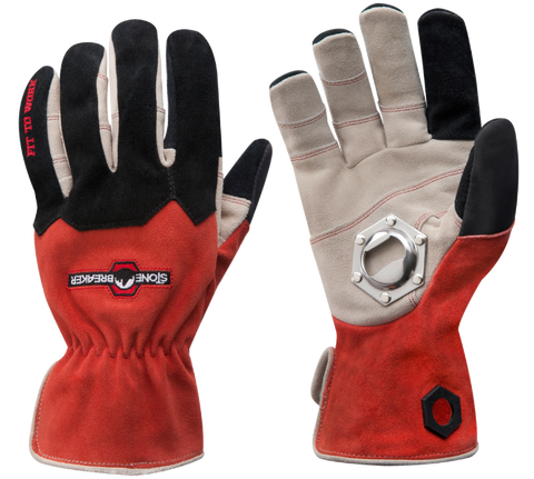 a pair of red and black leather tailgating gloves featuring a bottle opener in the right palm