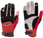 a pair of red, black and white synthetic leather mechanics gloves