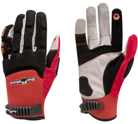 a pair of red, black and white synthetic leather mechanics gloves
